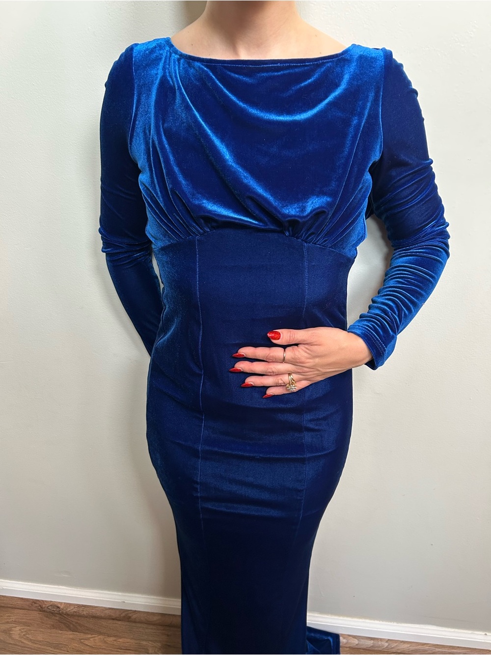 Modcloth Cobalt Blue Velvet Long Sleeve Gown